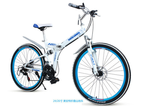 Freeshipping Folding mountain bike 24 inch 26 inch double disc brakes double shock 21 speed students adult men and women cycling