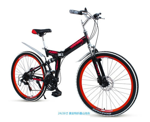 Freeshipping Folding mountain bike 24 inch 26 inch double disc brakes double shock 21 speed students adult men and women cycling